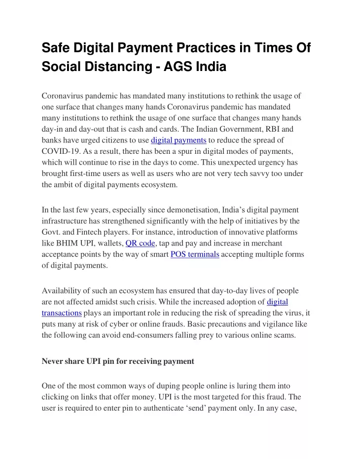 safe digital payment practices in times of social distancing ags india