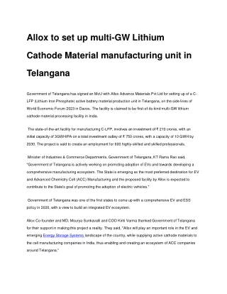 Allox to set up multi-GW Lithium Cathode Material manufacturing unit in Telangana
