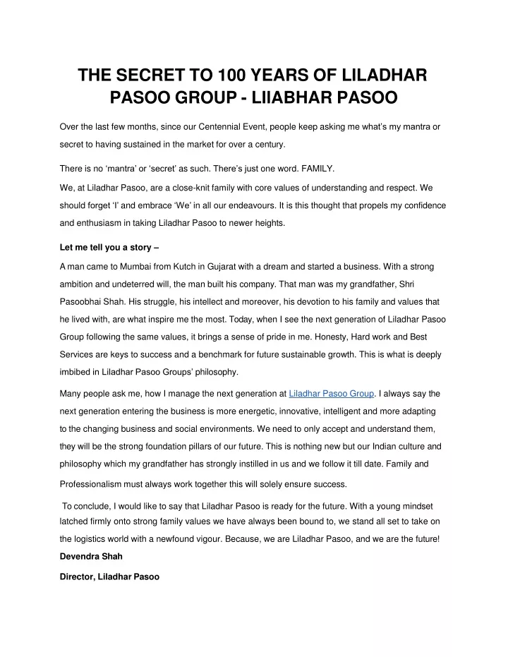 the secret to 100 years of liladhar pasoo group