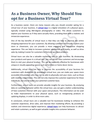 As a Business Owner, Why Should You opt for a Business Virtual Tour