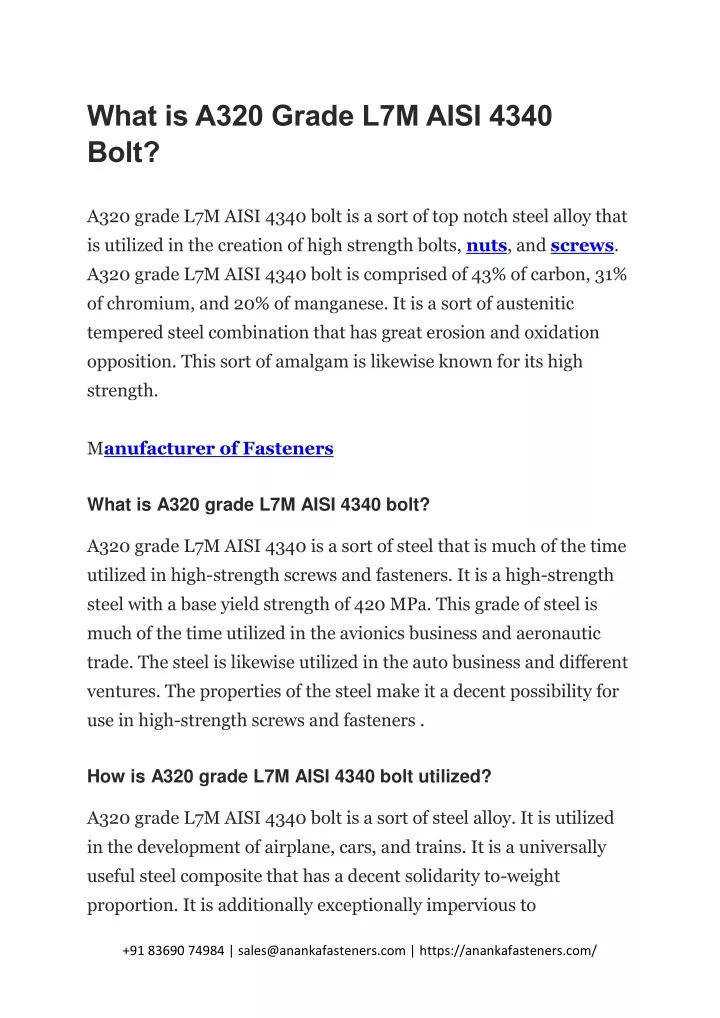 what is a320 grade l7m aisi 4340 bolt