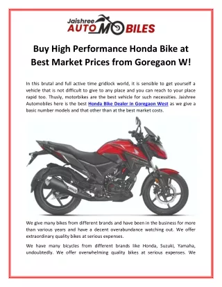Buy High Performance Honda Bike at Best Market Prices from Goregaon W