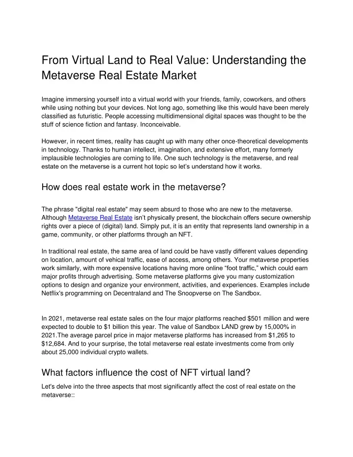 from virtual land to real value understanding