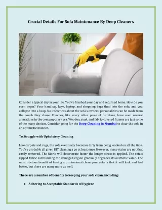Crucial Details For Sofa Maintenance by Deep Cleaners
