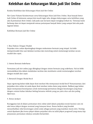 Kelebihan dan Kekurangan Main Judi Slot Online