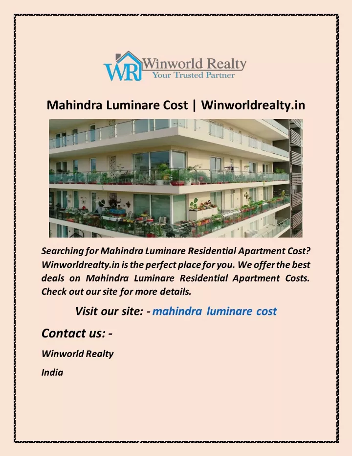 mahindra luminare cost winworldrealty in