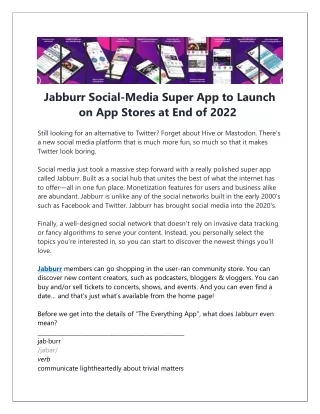Jabburr Social-Media Super App to Launch on App Stores at End of 2022