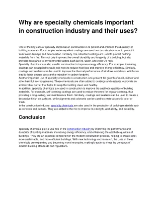 Why are specialty chemicals important in construction industry and their uses