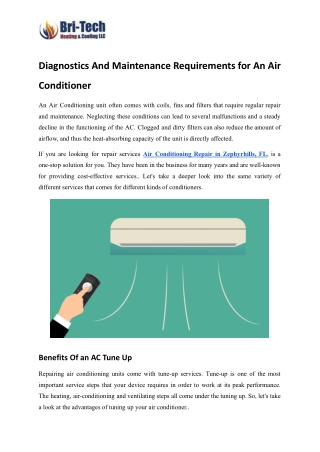 Diagnostics And Maintenance Requirements for An Air Conditioner