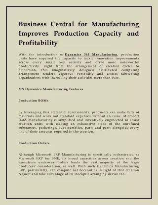 Business Central for Manufacturing Improves Production Capacity and Profitability