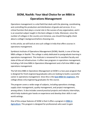 SIOM - Your ideal choice for an MBA in operations management