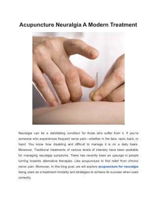 Acupuncture Neuralgia A Modern Treatment