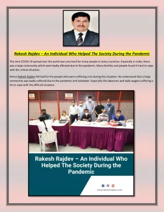 Rakesh Rajdev – An Individual Who Helped The Society During the Pandemic