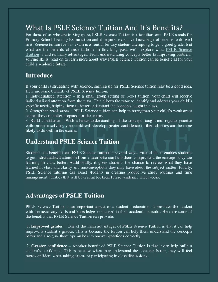what is psle science tuition and it s benefits