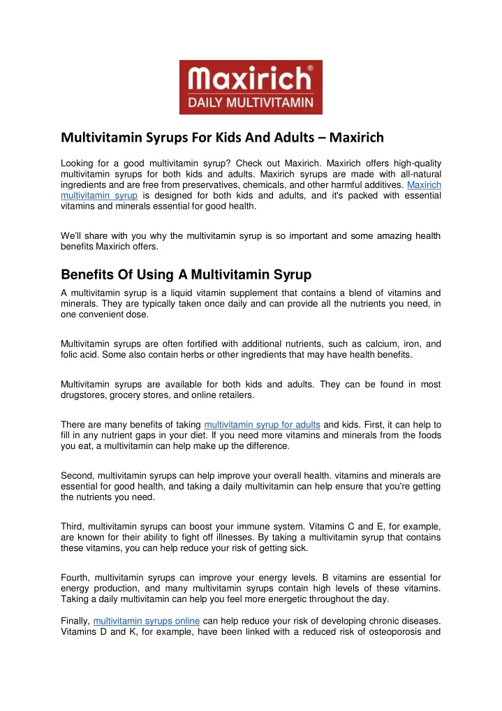multivitamin syrups for kids and adults maxirich