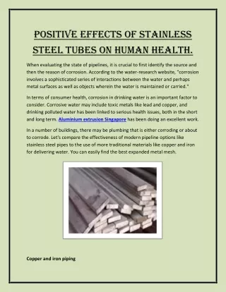 Positive effects of Stainless steel tubes on human health
