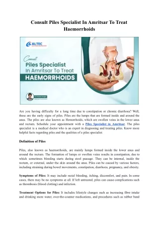 Consult Piles Specialist In Amritsar To Treat Haemorrhoids