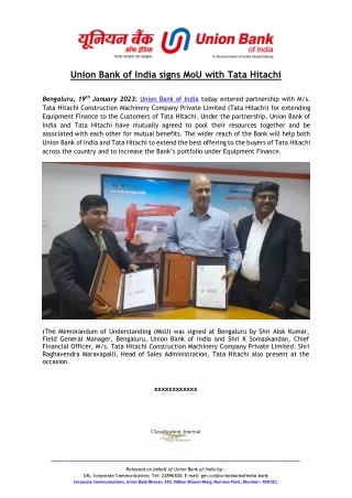 Union Bank of India signs MoU with Tata Hitachi.