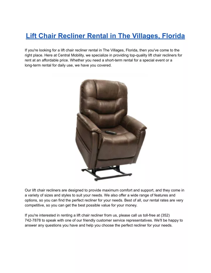 lift chair recliner rental in the villages florida