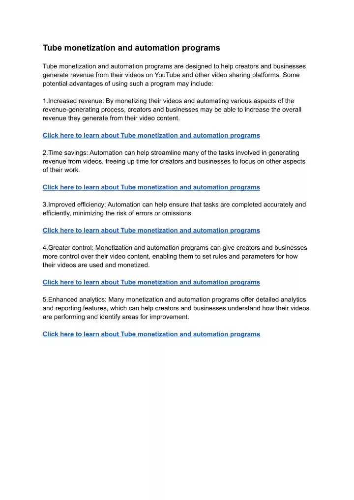 tube monetization and automation programs