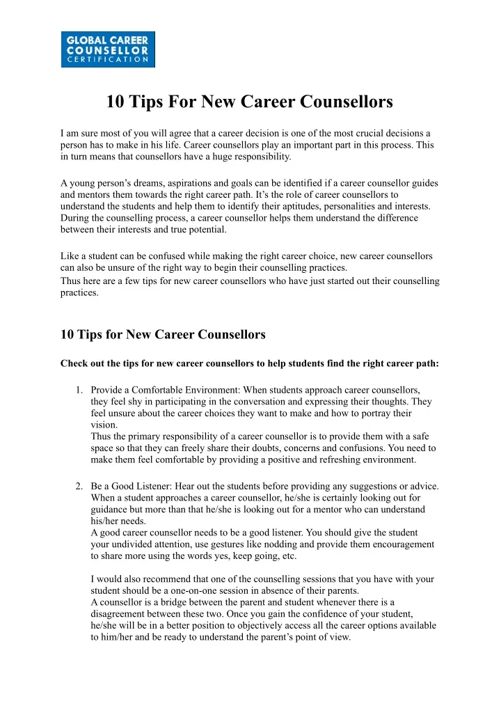 10 tips for new career counsellors