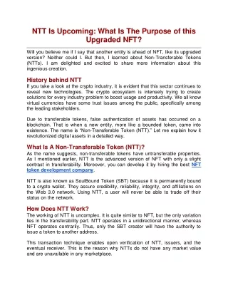 NTT Is Upcoming: What Is The Purpose of this Upgraded NFT?