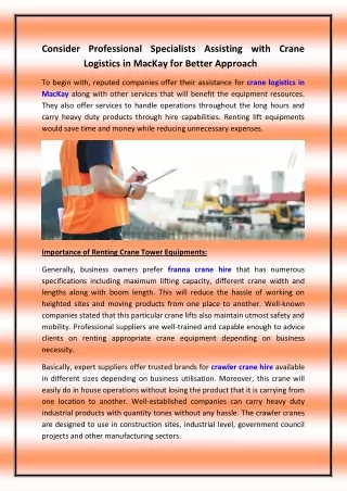 Consider Professional Specialists Assisting with Crane Logistics in MacKay for Better Approach