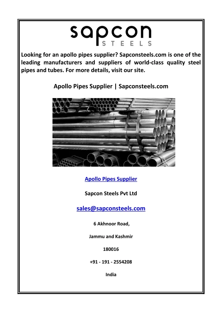 looking for an apollo pipes supplier sapconsteels