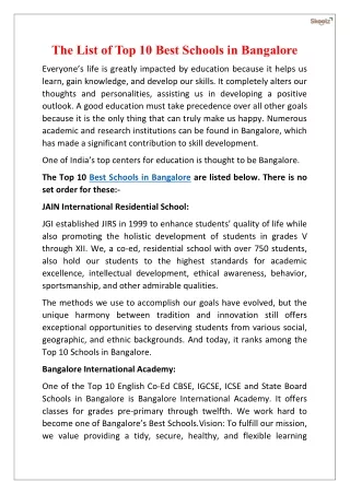 the list of top 10 best schools in bangalore