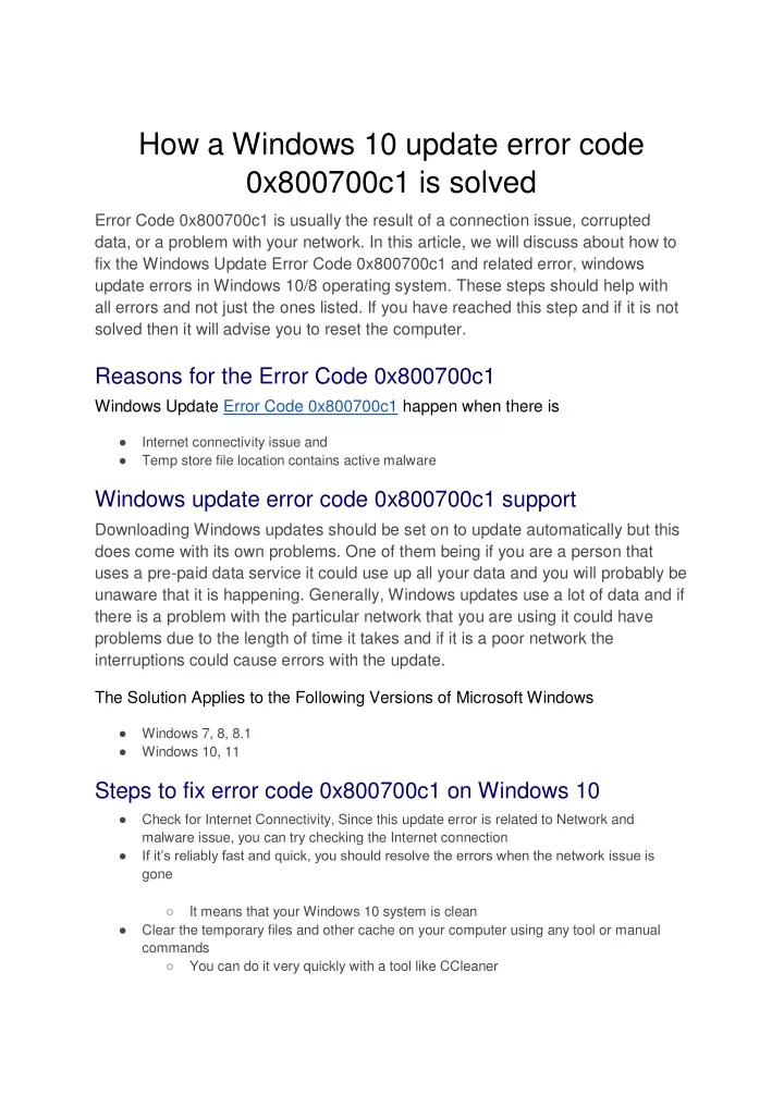 how a windows 10 update error code 0x800700c1