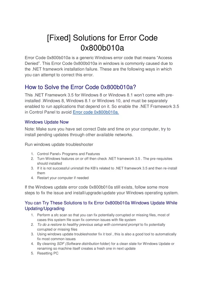 fixed solutions for error code 0x800b010a
