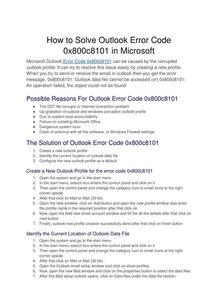 how to solve outlook error code 0x800c8101