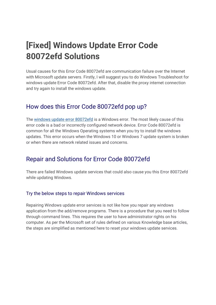 fixed windows update error code 80072efd solutions