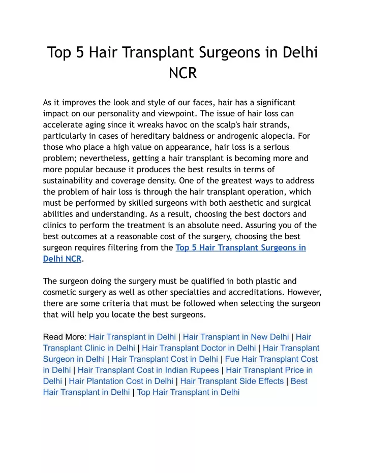 top 5 hair transplant surgeons in delhi ncr