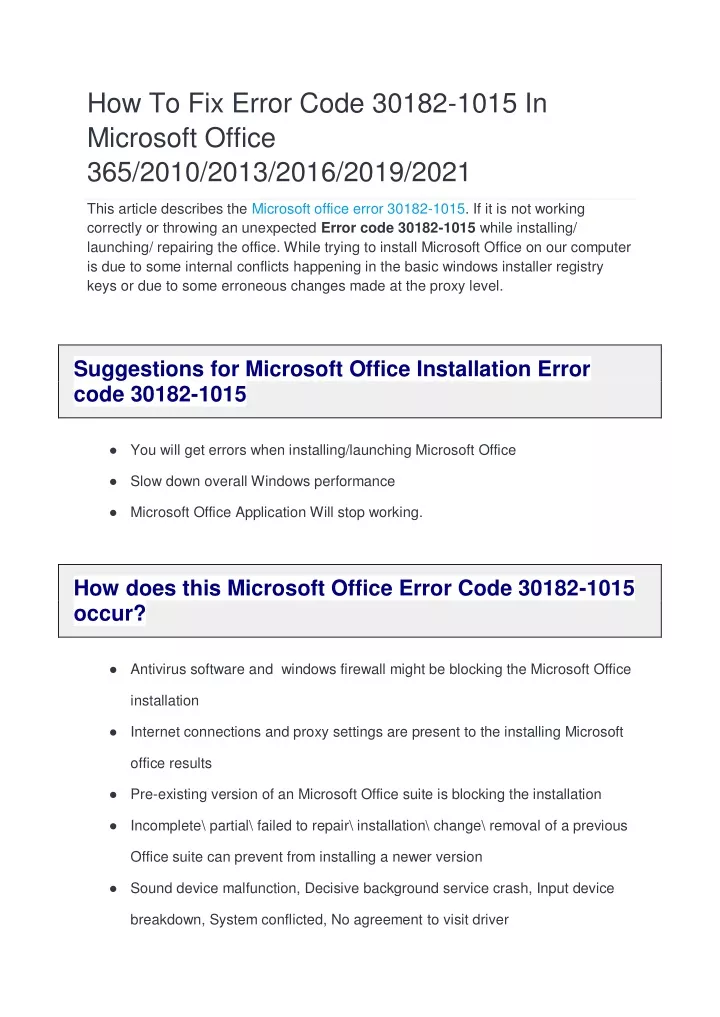 how to fix error code 30182 1015 in microsoft