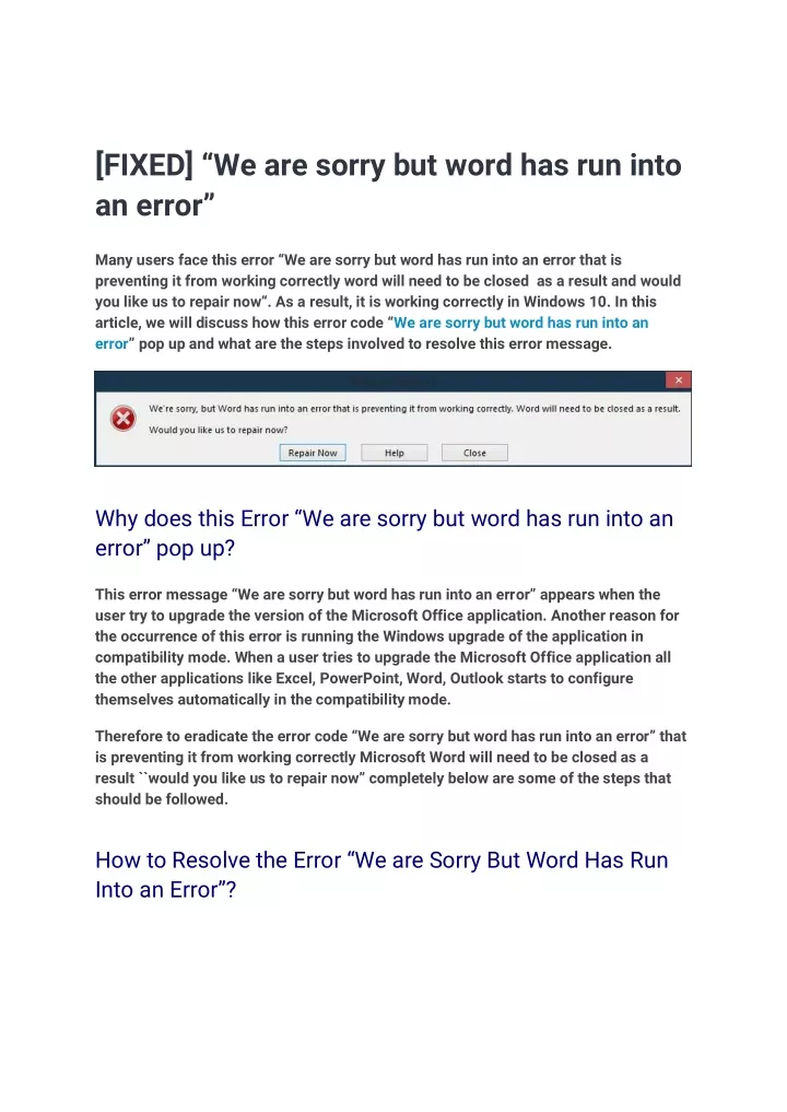 fixed we are sorry but word has run into an error