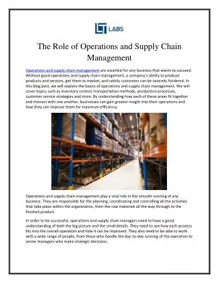 The Role of Operations and Supply Chain Management