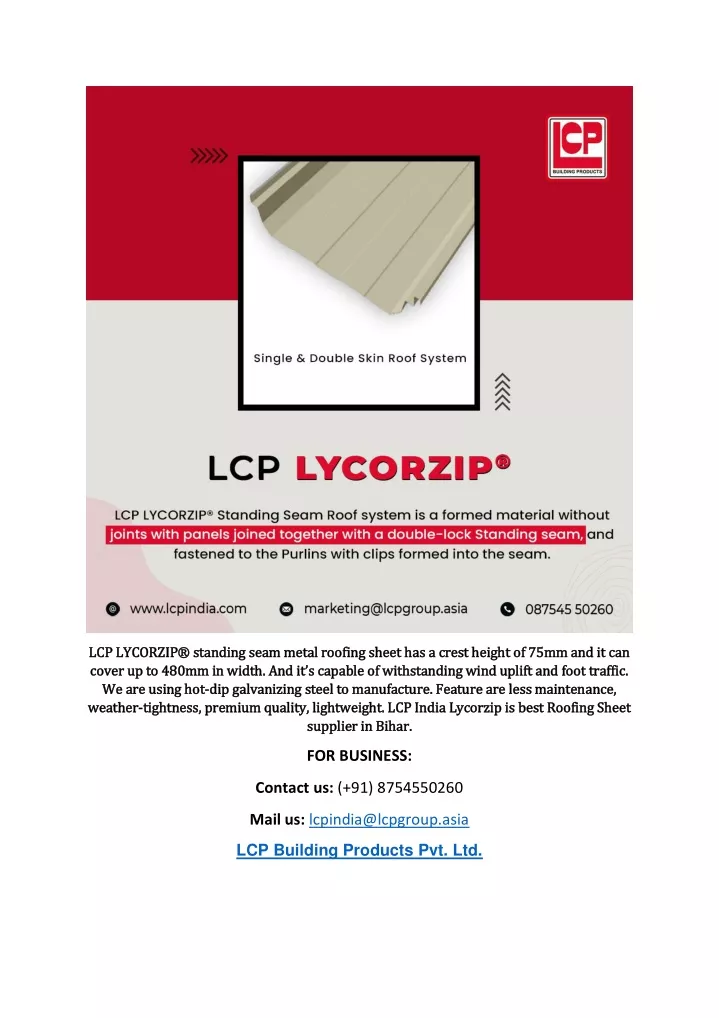 lcp lycorzip standing seam metal roofing sheet