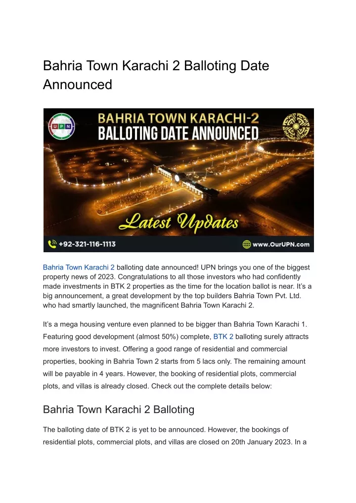 bahria town karachi 2 balloting date announced
