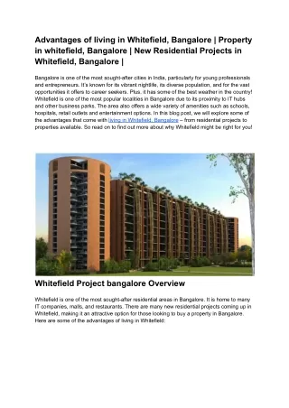 Advantages of living in Whitefield, Bangalore |Property in whitefield, Bangalore