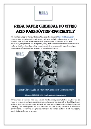 Reba Safer Chemical Do Citric Acid Passivation Efficiently