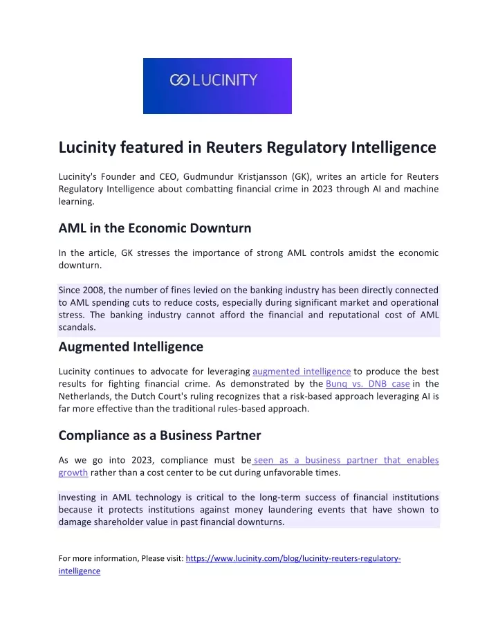 lucinity featured in reuters regulatory