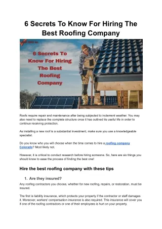 6 Secrets To Know For Hiring The Best Roofing Company
