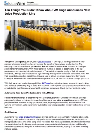 Ten Things You Didn't Know About JMTings Announces New Juice Production Line