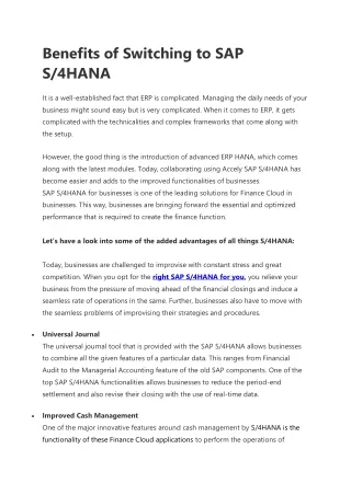 Benefits of Switching to SAP S4HANA