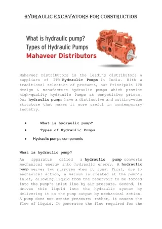 Hydraulic excavators for construction