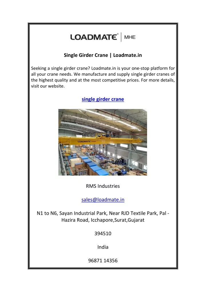 single girder crane loadmate in