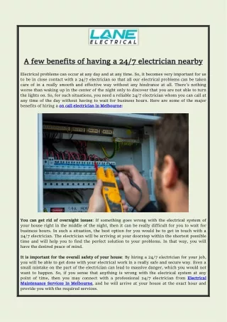 A few benefits of having a 24/7 electrician nearby