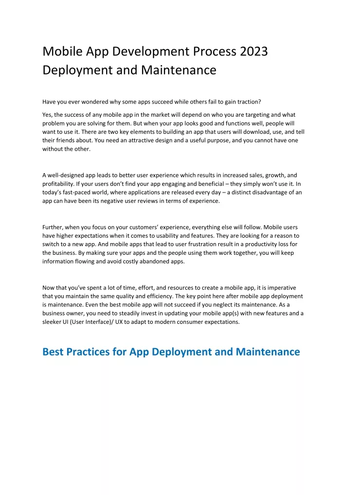 mobile app development process 2023 deployment