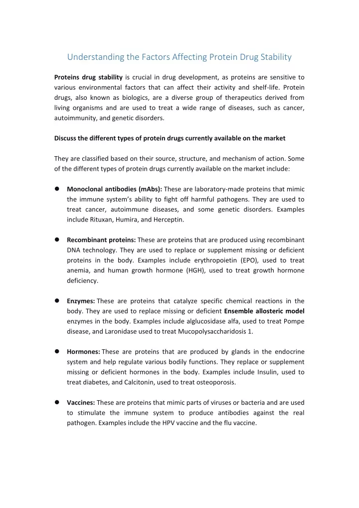 understanding the factors affecting protein drug